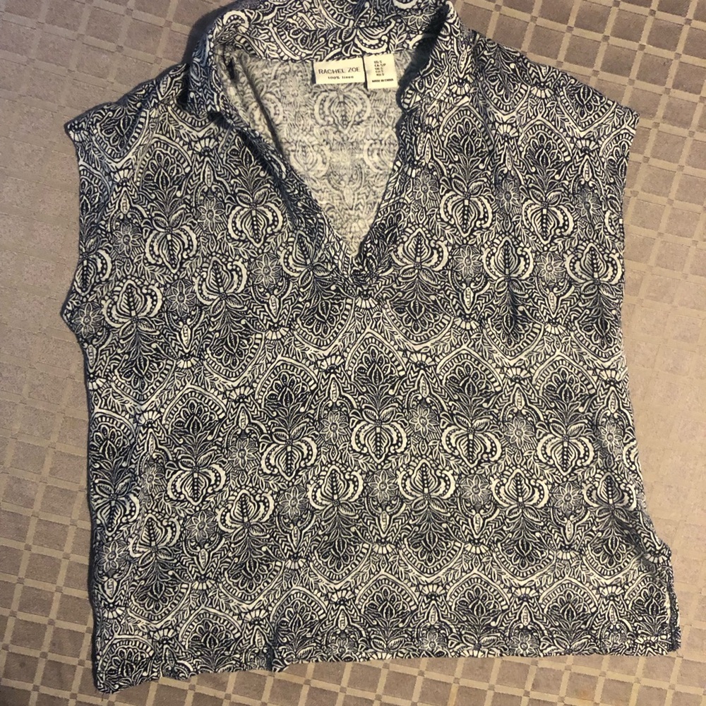 Rachel Zoe 100% Linen Boho Top Blue White Print Size S - Picture 4 of 10